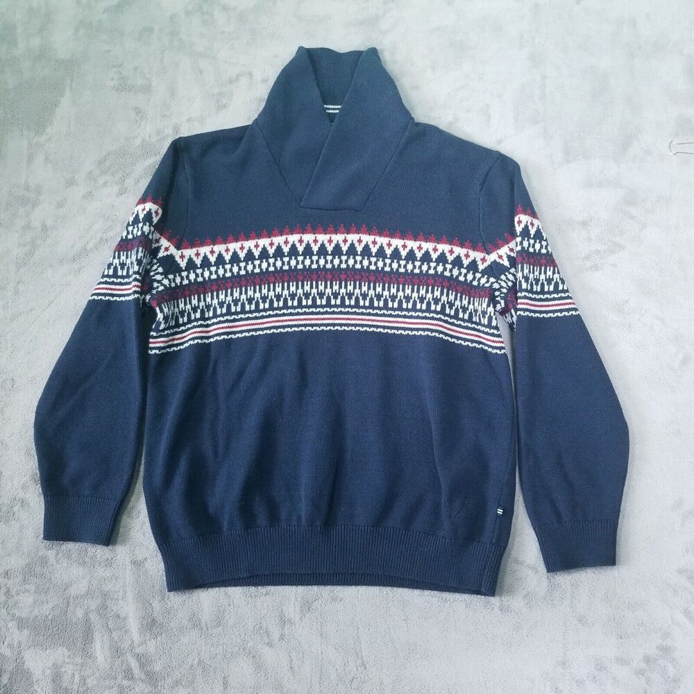 Nautica Fair Isle Sweater Mens Size XL Navy Blue Shawl Collar Pullover